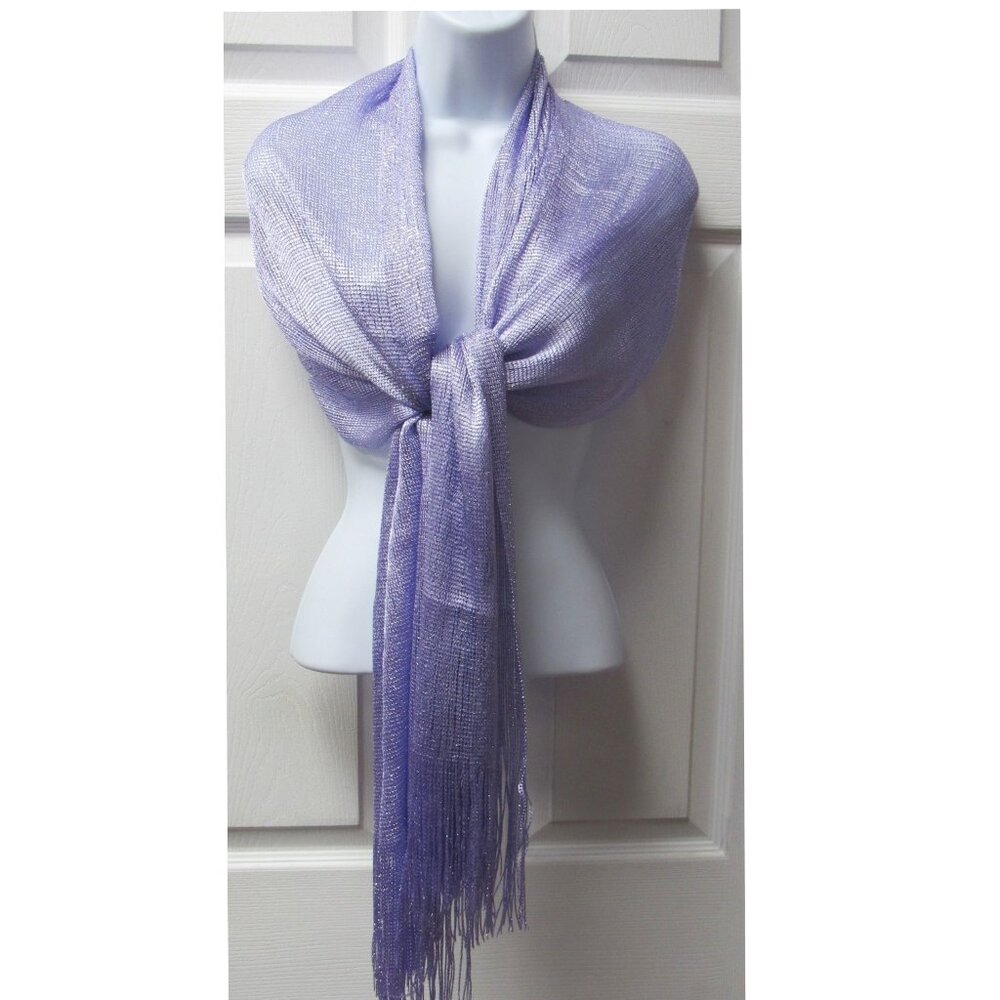 Lavender Mesh Metallic Dressy Sparkle Fringed Scarf Shawl Wrap Wedding Bridal - Picture 3 of 3